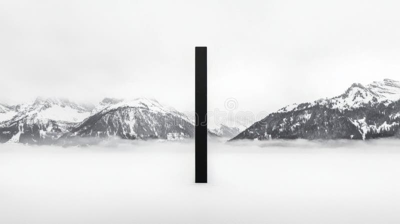 Ett svart rektangulärt objekt i mitten av ett snölandskap. Bilden skildrar en slående svart rektangulär struktur som står mitt i ett vidsträckt vitt område som verkar vara en dimmig eller ett misterlandskap. Strukturen placeras i mitten av bildrutan där tittarna uppmärksammas. Bakgrunden är en häpnadsväckande bild av de snötäckta bergen som når sina toppar mot himlen. Bergarna är täckta av snö och deras toppar är delvis dolda av dimman. Bilden återges i svartvitt, vilket ökar kontrasten mellan strukturen och landskapet och skapar en djup- och skalkänsla. AI genererad