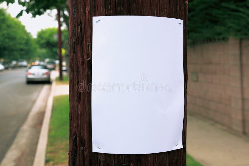 A blank piece of paper stapled to a telephone pole on the side of the road. A blank piece of paper stapled to a telephone pole on the side of the road.