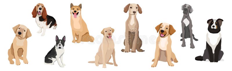 Ett urval av nio realistiska hundar av olika raser på en vit bakgrundsvektor stock illustrationer