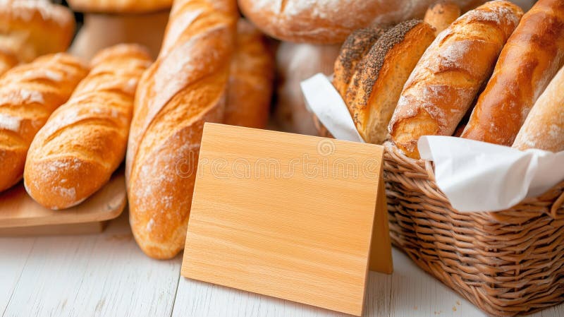Ett urval nybakat bröd och ett rustiskt blanksteg i en lackad bageriskärm stock illustrationer