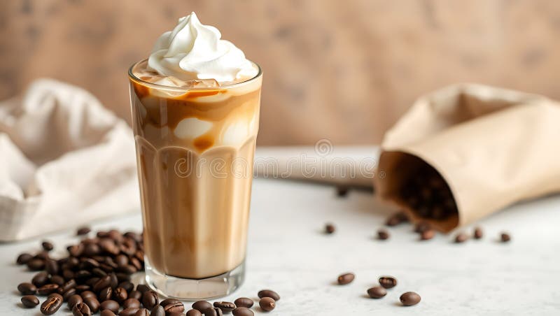 Ett vackert skrivet kaffe med mjölk som serveras i ett högt glas med vissad grädde på toppen och några få kaffebönor utspridda. Ett vackert skrivet kaffe med mjölk i ett högt glas med pipande grädde på toppen och några kaffebönor som är spridda runt ett vackert skrivet kaffe med mjölk som serveras i ett högt glas med vispgrädde på toppen och några kaffebönor som är spridda runt omkring