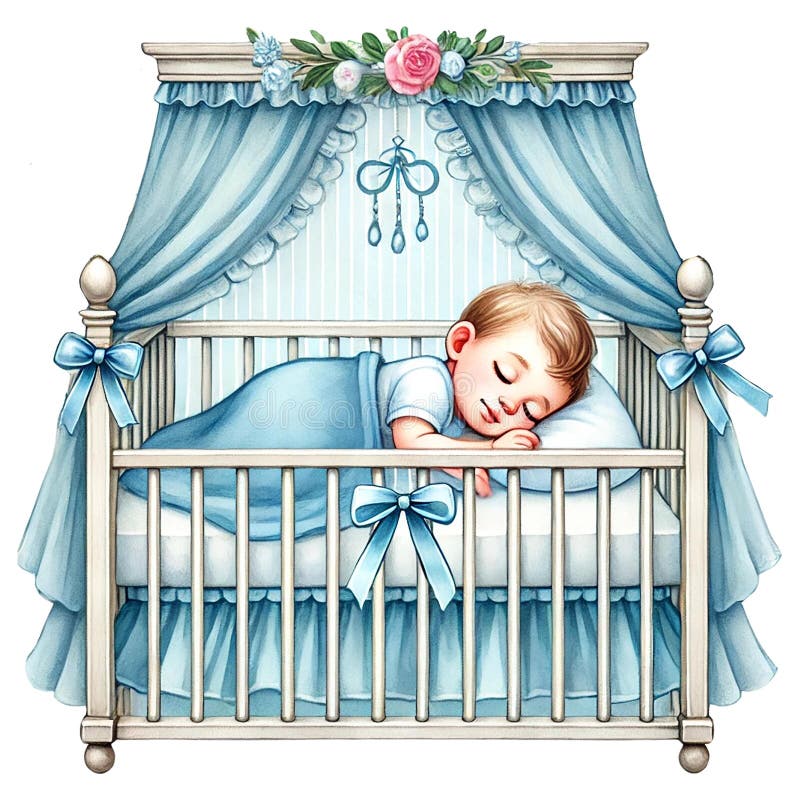 Ett vackert sovande barn i ett mysigt grav med blått sken. babyduschklippekartoon royaltyfri illustrationer