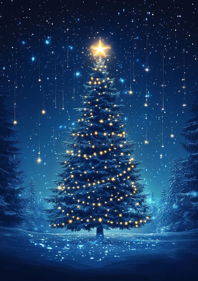 Ett vackert upplyst julträd under en stjärnhimmel som väcker semestermagi. vektor illustrationer
