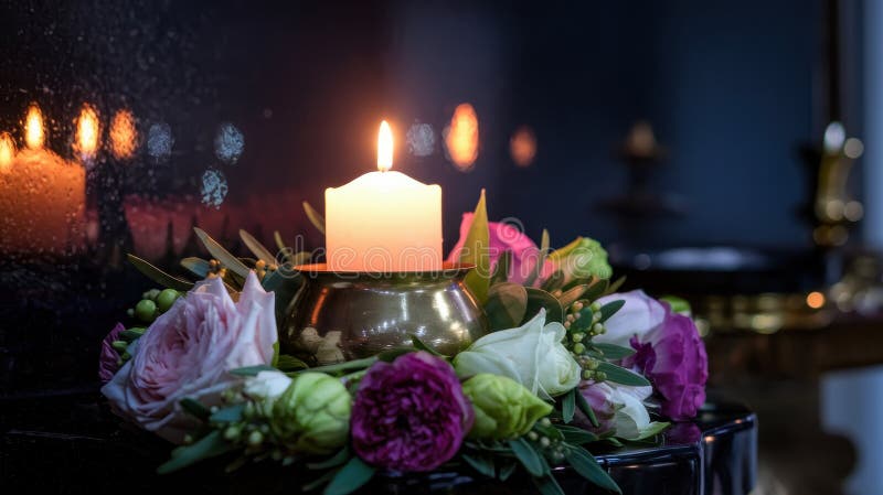 Ett varmt ljus omgivet av färgblommor skapar en fredlig ambitionsnivå. royaltyfri illustrationer