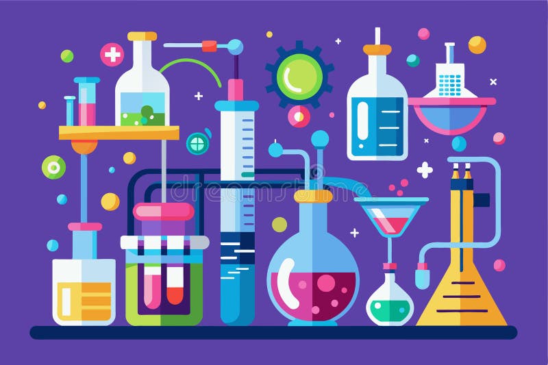 Ett vibrerande laboratorium fyllt med unika, anpassningsbara instrument och färgstarka vätskor som är klara för försökslaboratoriu stock illustrationer