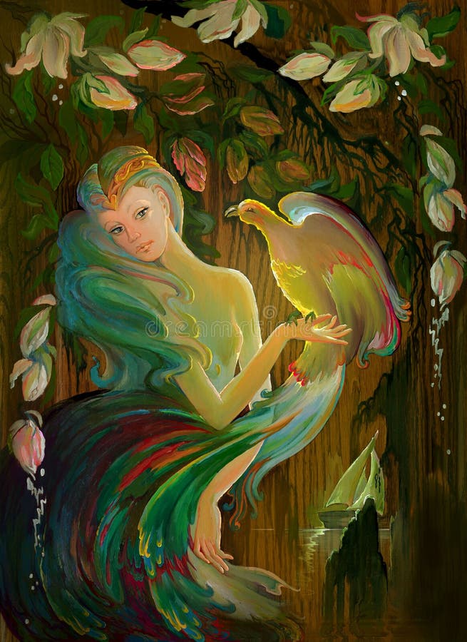 Etude of the Garden of Eden. Portrait of beautiful girl in the environment of fantastic landscape.