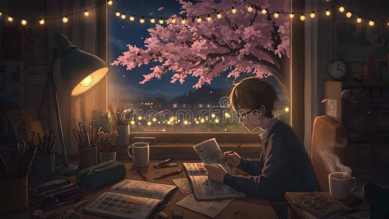 Etudier de nuit sous les fleurs de cerisiers illustration stock