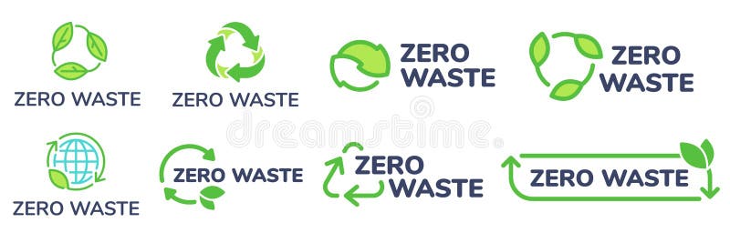 Etykiety na odpady zerowe. zielona etykieta ekologiczna zmniejsza ilość odpadów i ikona recyklingu z ustawionym wektorem liści roś