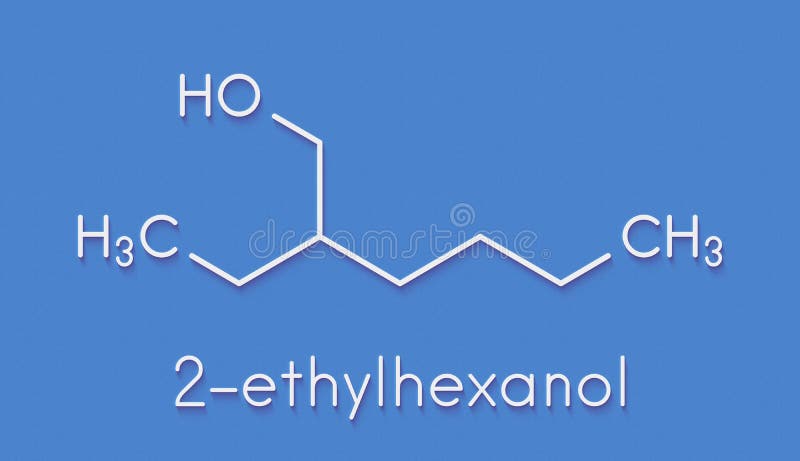2-etylhexanol-2-eh-molekyl. som används som lösningsdoftkomponent och kemisk prekursor. skelettformel.