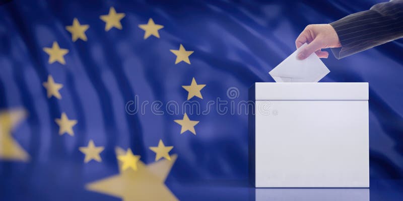 Hand inserting an envelope in a white blank ballot box on European Union flag background, copy space. 3d illustration royalty free illustration Hand inserting an envelope in a white blank ballot box on European Union flag background, copy space. 3d illustration royalty free illustration