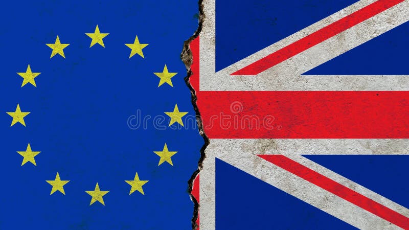 An EU and UK flag on a cracked wall-politics, war, conflict concept. An EU and UK flag on a cracked wall-politics, war, conflict concept