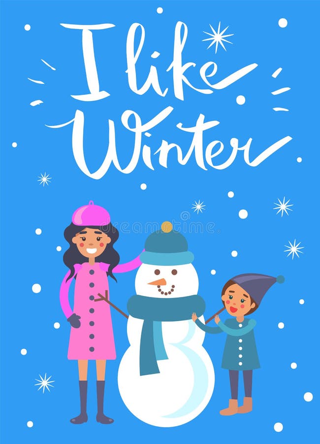 Eu gosto da criança da mãe do cartaz do inverno que faz o boneco de neve ilustração stock Eu gosto da criança da mãe do cartaz do inverno que faz o boneco de neve ilustração stock