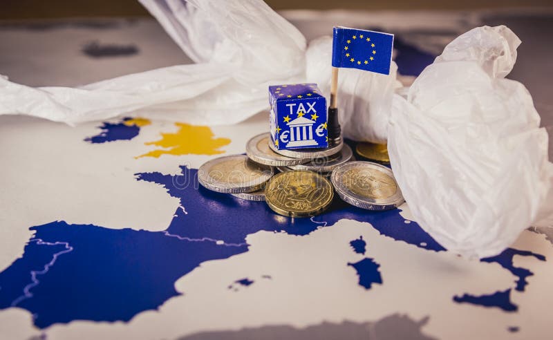 EU map with euro coins and a plastic bag symbolizing european plastic tax regulation.