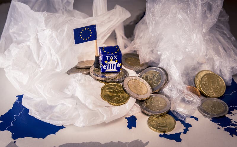 EU map with euro coins and a plastic bag symbolizing european plastic tax regulation.