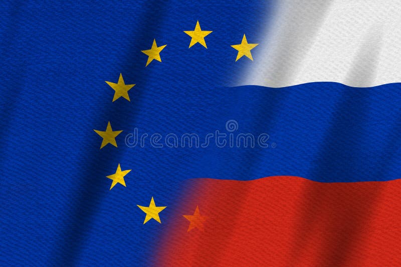 Eu and russian flag background for your message of the conflict stock afbeeldingen