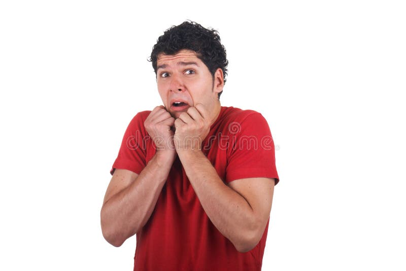 Eu sou assustado Homem novo que faz a careta imagens de stock royalty free Eu sou assustado Homem novo que faz a careta imagens de stock royalty free