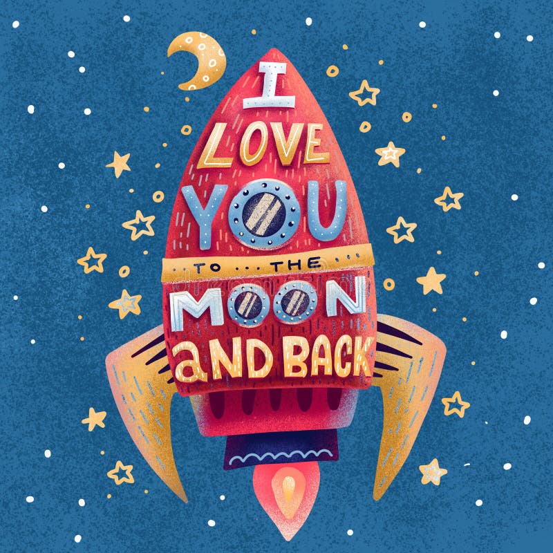 Eu te amo na lua e de volta. Cartaz desenhado à mão com foguete vermelho, estrelas e frase romântica. Ilustração plana desenh ilustração stock Eu te amo na lua e de volta. Cartaz desenhado à mão com foguete vermelho, estrelas e frase romântica. Ilustração plana desenh ilustração stock