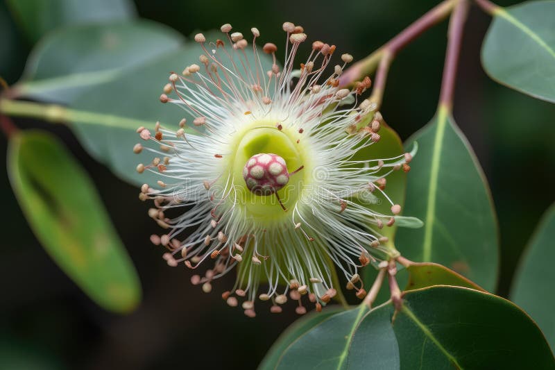 Eucalyptus Flower in Full Bloom, Surrounded by Lush Greenery Stock