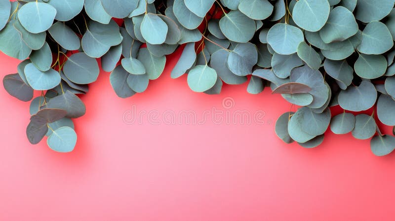 Eucalyptus leaves frame a pink background in a flatlay, offering copy space and serving as a design template stock photos