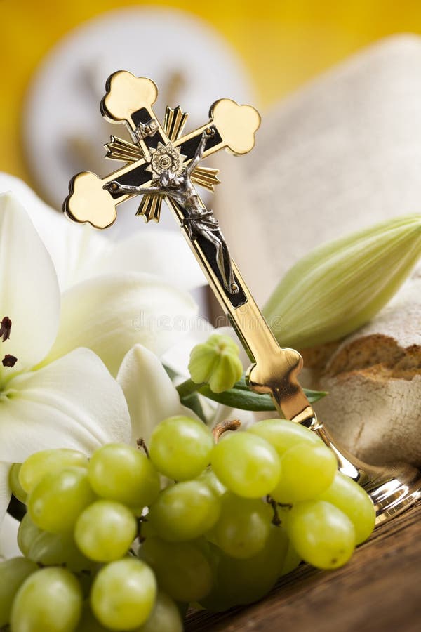Holy Communion a Golden Chalice with Grapes and Bread Wafers Stock ...