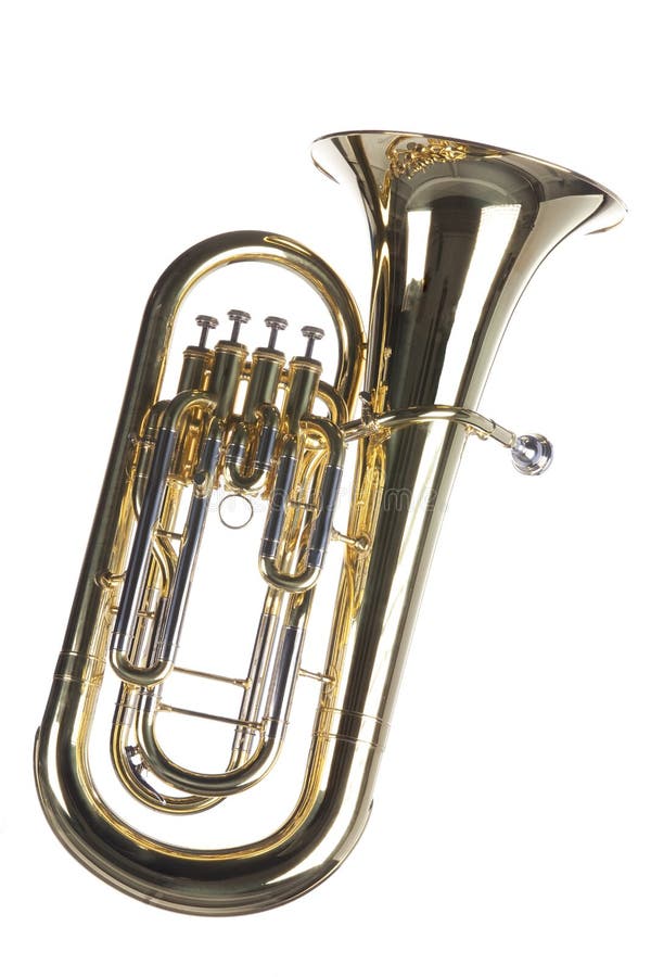 A gold brass euphonium tuba baritone horn isolated against a white background. A gold brass euphonium tuba baritone horn isolated against a white background.