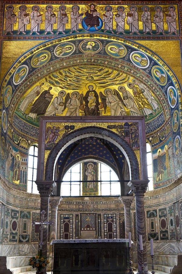 Croatia. Istrian peninsula. Porec (Parenzo, ancient Parentium). The Euphrasian Basilica - typical Byzantine apse decorated by mosaics dating from the 6th century. The Episcopal Complex of the Euphrasian Basilica is on UNESCO World Heritage List since 1997