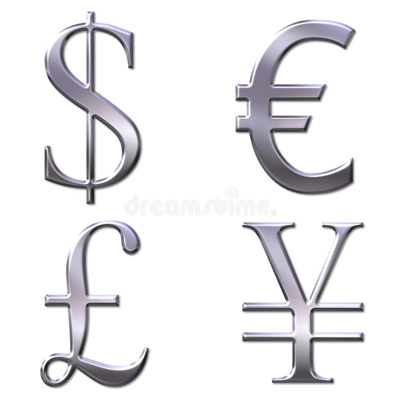 EUR, dollar, Yen, symboles de livre