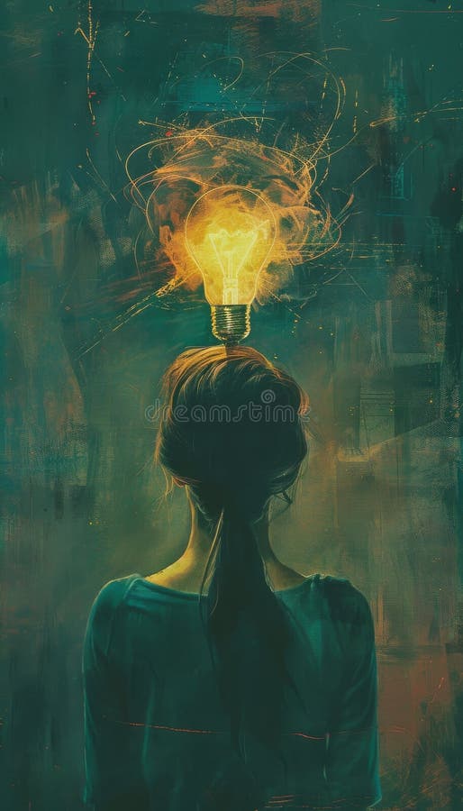 Eureka Moment: Woman with Illuminated Light Bulb stock illustration