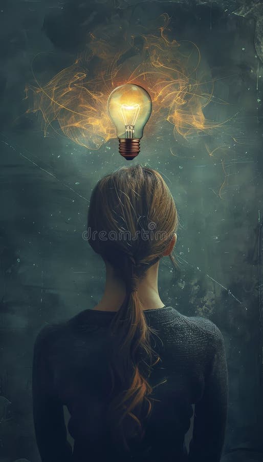Eureka Moment: Woman with Illuminated Light Bulb stock illustration