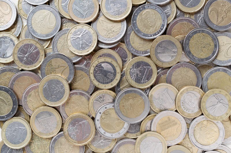 Euro coins background. European money. Flatlay top view.