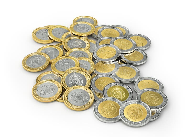 Euro coins on a white background.