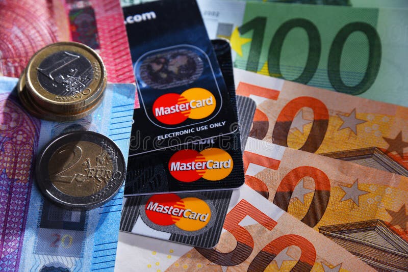 euro-currency-and-credit-card-of-mastercard-editorial-stock-image