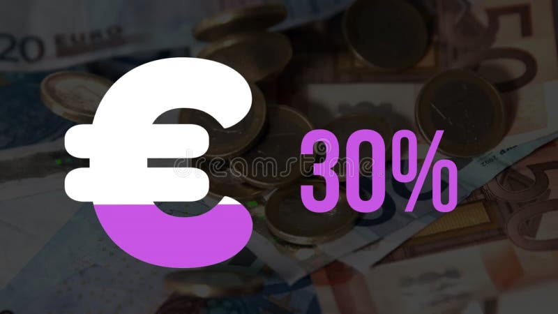 Euro currency symbol and rising percentage fill pink over banknotes and coins