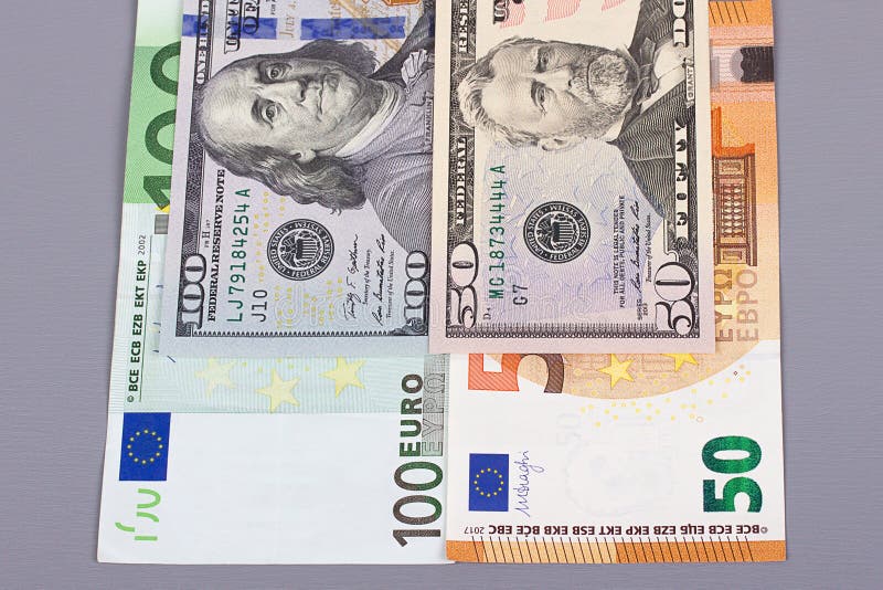 100 Euro 50 Dollar Money on Gray Background. Stock Image - Image of  earning, closeup: 107915221