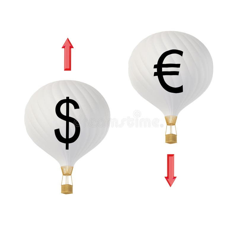 B/w Euro & Dollar hot air balloons with red arrows. Up down arrows isolated illustrations