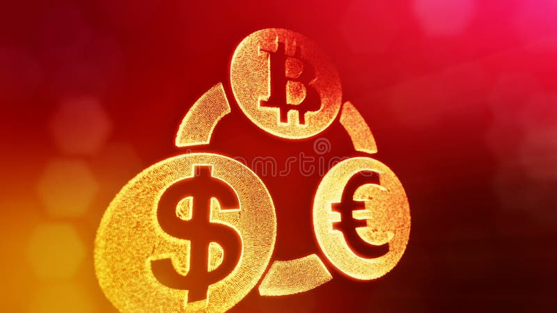 Euro e dollaro del bitcoin di simbolo in un mazzo circolare Fondo finanziario fatto delle particelle di incandescenza 3D brillant