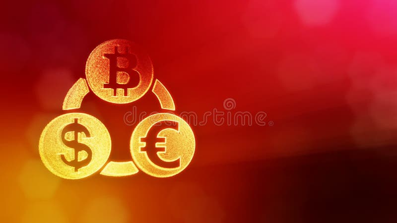 Euro e dollaro del bitcoin di simbolo in un mazzo circolare Fondo finanziario fatto delle particelle di incandescenza 3D brillant