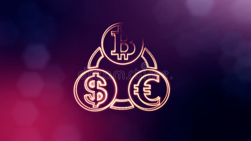 Euro e dollaro del bitcoin di simbolo in un mazzo circolare Fondo finanziario fatto delle particelle di incandescenza 3D brillant