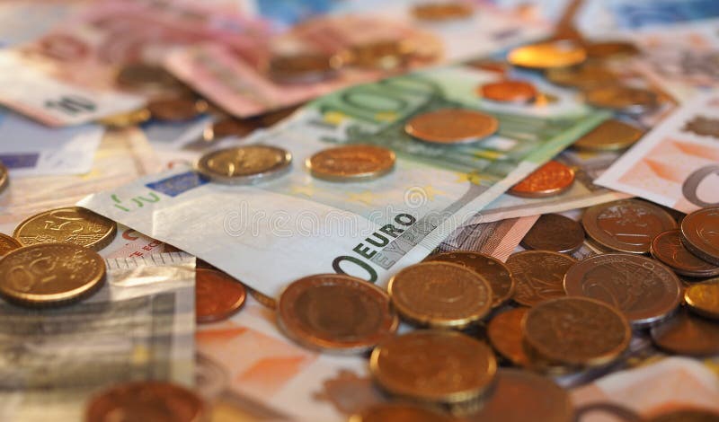 Euro EUR-nota's en muntstukken, Europese Unie de EU stock foto's Euro EUR-nota's en muntstukken, Europese Unie de EU stock foto's