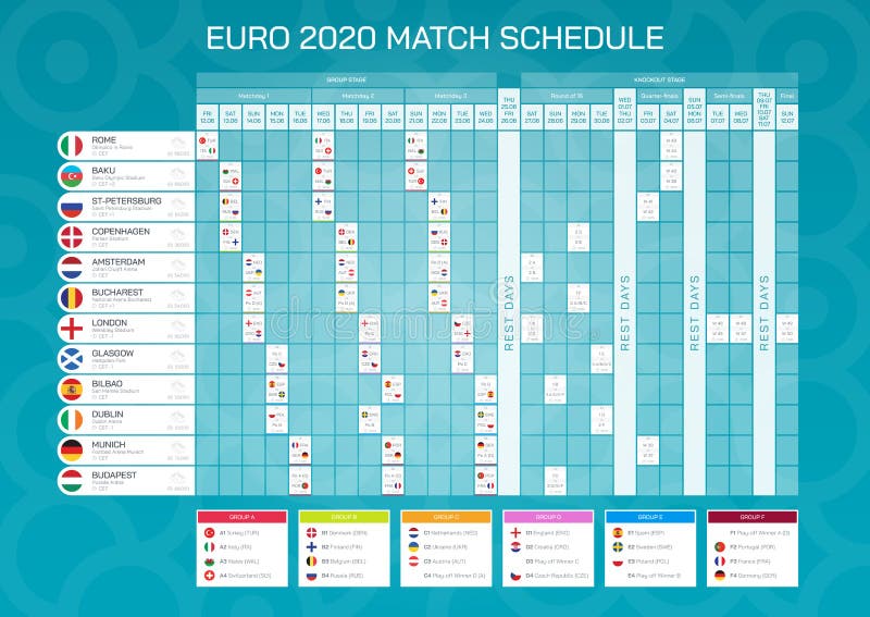 Euro 2020 match schedule with flags. Euro 2020 football championship, vector illustration - template for web and print.