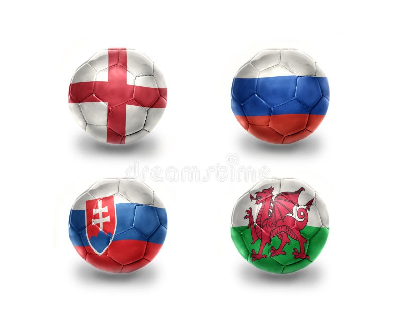 Euro group B. football balls with national flags of england, russia, slovakia, wales vector illustration Euro group B. football balls with national flags of england, russia, slovakia, wales vector illustration