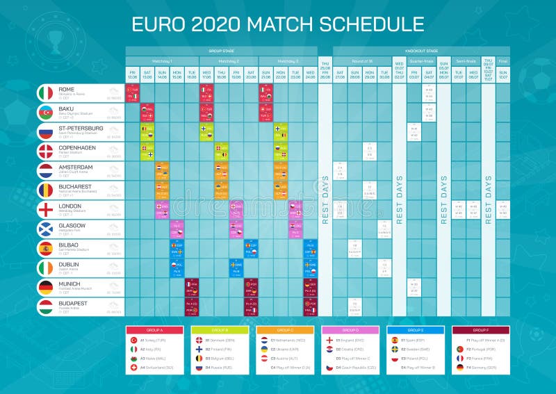 Euro 2020 match schedule - football championship timetable. All european participating countries - high quality vector with flags