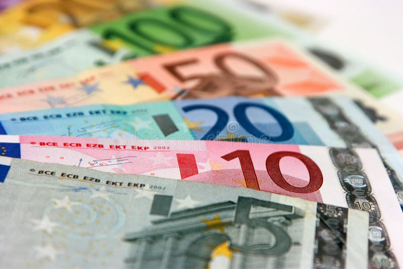 Euro banknotes, close-up with shallow depth-of-field; focus on the 10 Euro banknote. Euro banknotes, close-up with shallow depth-of-field; focus on the 10 Euro banknote