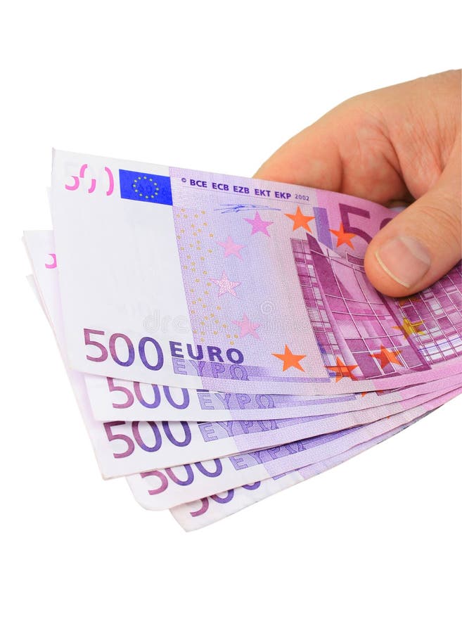 Male hand holding five 500 euro notes isolated on white with clipping path. Male hand holding five 500 euro notes isolated on white with clipping path