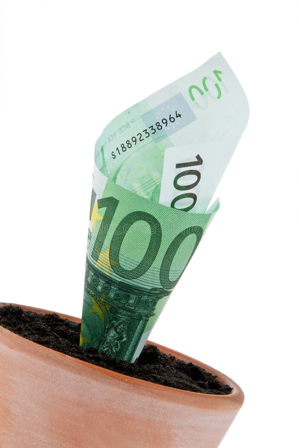 Euro-note in flower pot. Interest rates, growth.