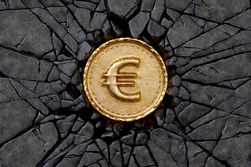 Gold coin with euro sign breaking the rock. 3d illustration. Gold coin with euro sign breaking the rock. 3d illustration.