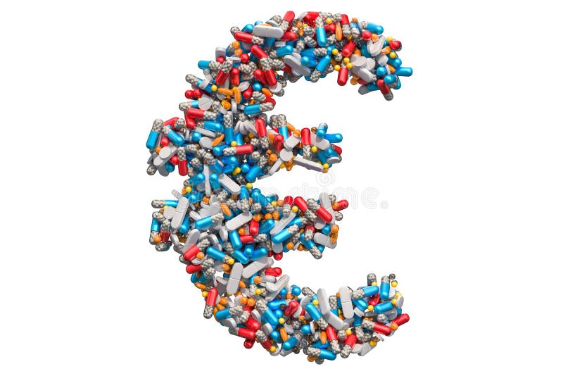 Euro simbolo dalle pillole della medicina, capsule, compresse rappresentazione 3d illustrazione di stock