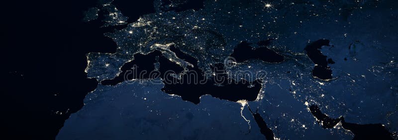 Europa mediterranea e medio oriente con luci di notte panoramiche dallo spazio
