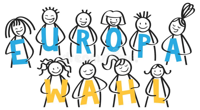 EUROPAWAHL tedesco per l'elezione del Parlamento Europeo, la gente del bastone che tiene le lettere blu e gialle royalty illustrazione gratis EUROPAWAHL tedesco per l'elezione del Parlamento Europeo, la gente del bastone che tiene le lettere blu e gialle royalty illustrazione gratis