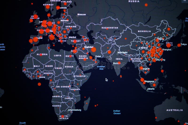 Europe, Asia and Africa. Coronavirus COVID-19 global cases Map. Red Dot showing the number of infected. Johns Hopkins University